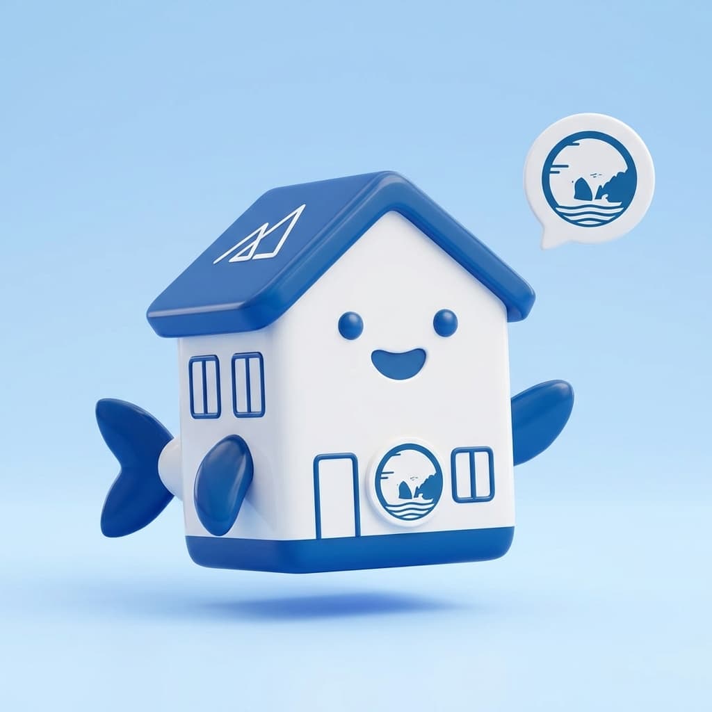 Blue Cabo mascot — a friendly 3D illustrated house with a fish tail, our local character
